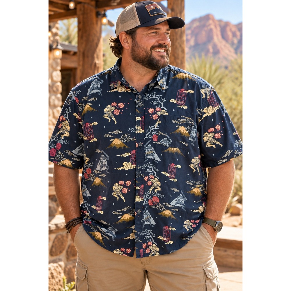 Star Wars Samurai Ukiyo-e Navy Button Down Shirt Mens XL Stormtrooper Vader